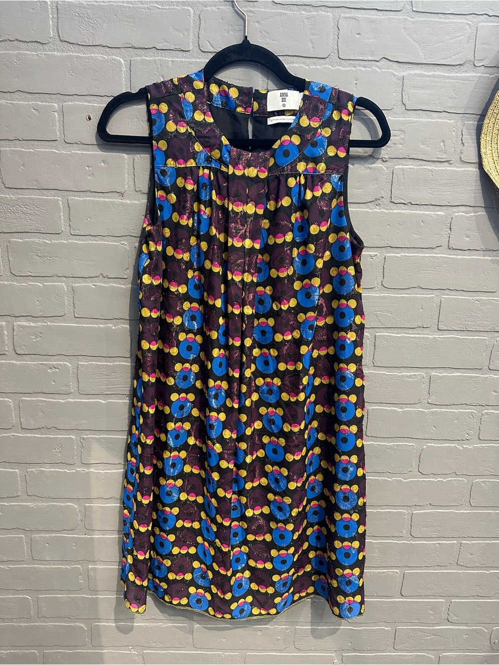 Anna Sui Black Sleeveless Shift Dress with Blue & Yellow Floral Circles